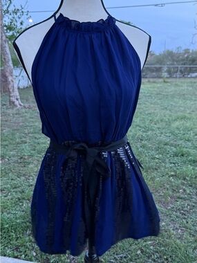 NWT 100% Y2K Whimsy Goth Silk Vintage Navy halter top with sequin panels